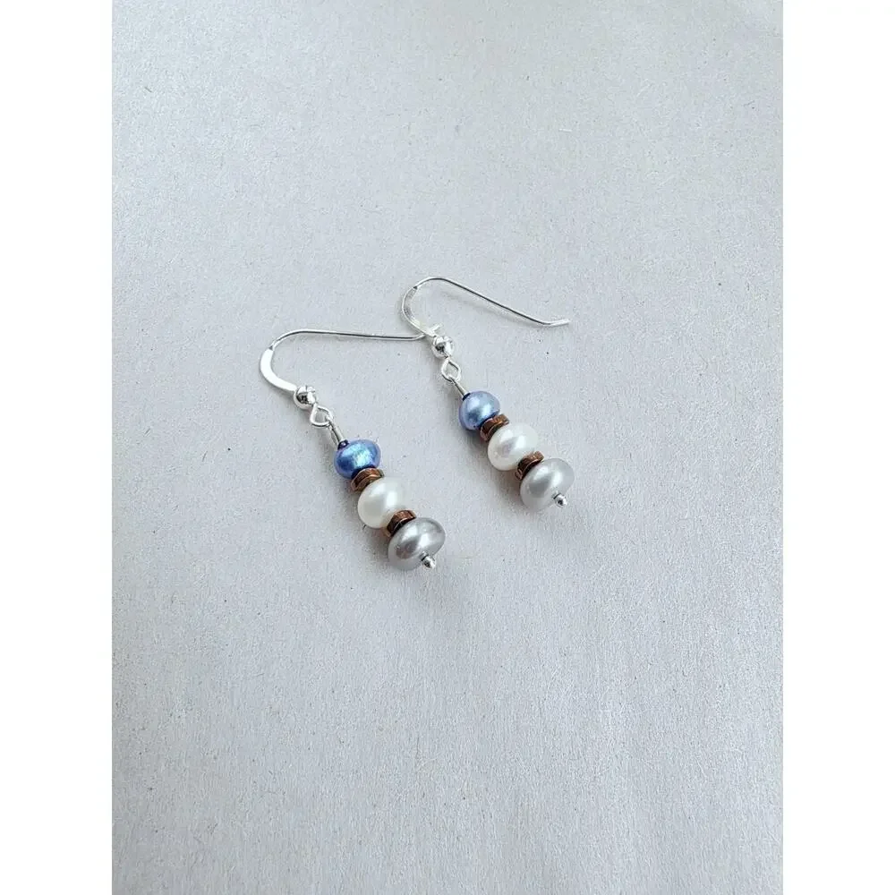 New Sterling Silver Dangle‎ Earrings White Silver Blue Genuine Pearl Stamped 925